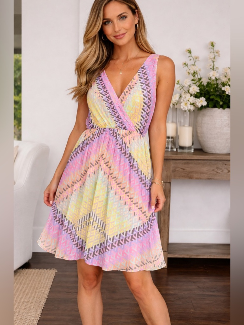 Calvin Klein Pastel Chevron V-Neck Midi Dress in Pink, Yellow & Lavender
